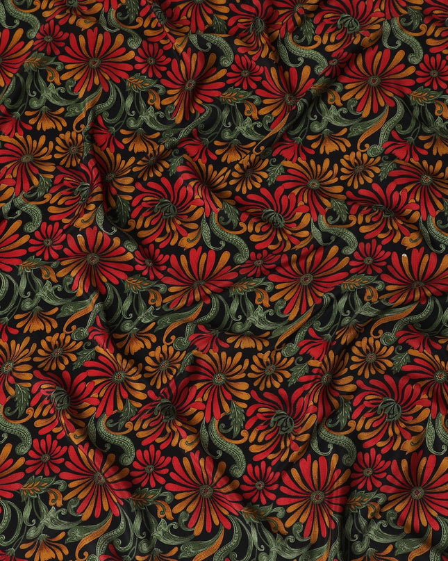 Black Premium pure silk crepe fabric with multicolor print in floral design-D17205