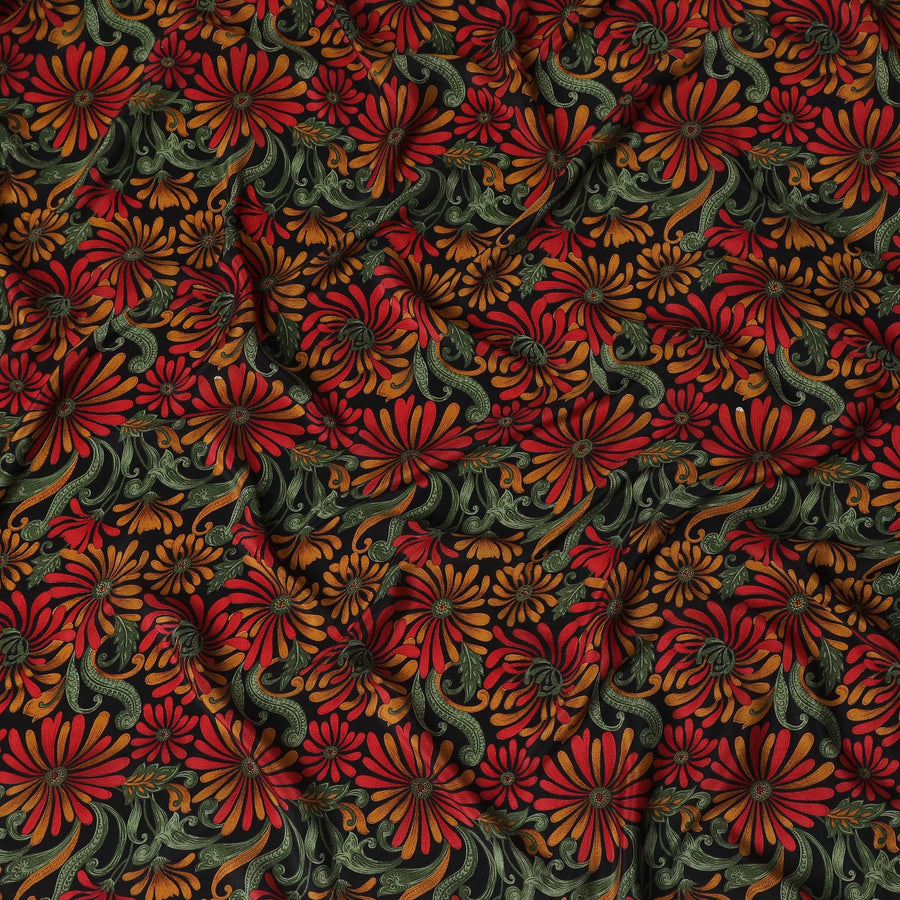 Black Premium pure silk crepe fabric with multicolor print in floral design-D17205