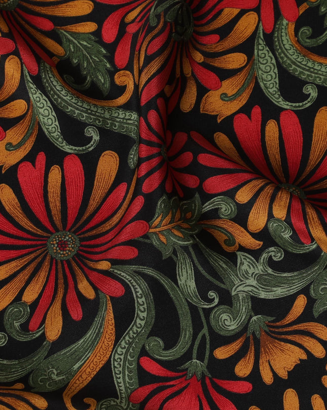 Black Premium pure silk crepe fabric with multicolor print in floral design-D17205