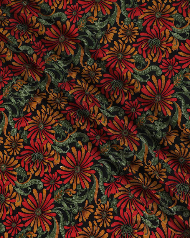 Black Premium pure silk crepe fabric with multicolor print in floral design-D17205