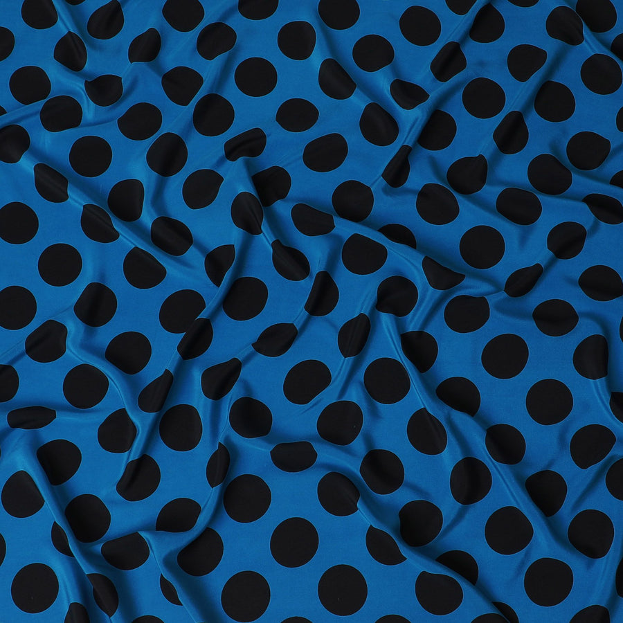 Blue Premium pure silk crepe fabric with black print in dot design-D17207