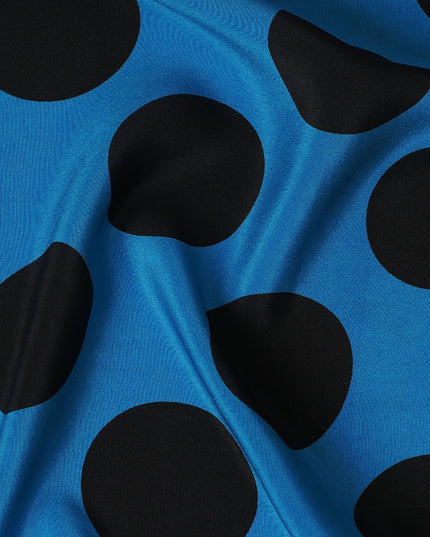 Blue Premium pure silk crepe fabric with black print in dot design-D17207