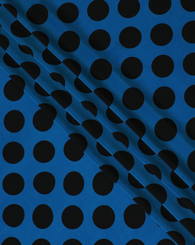 Blue Premium pure silk crepe fabric with black print in dot design-D17207