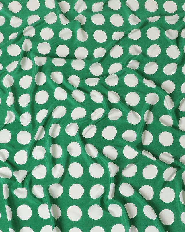 Green Premium pure silk crepe fabric with white print in dot design-D17208