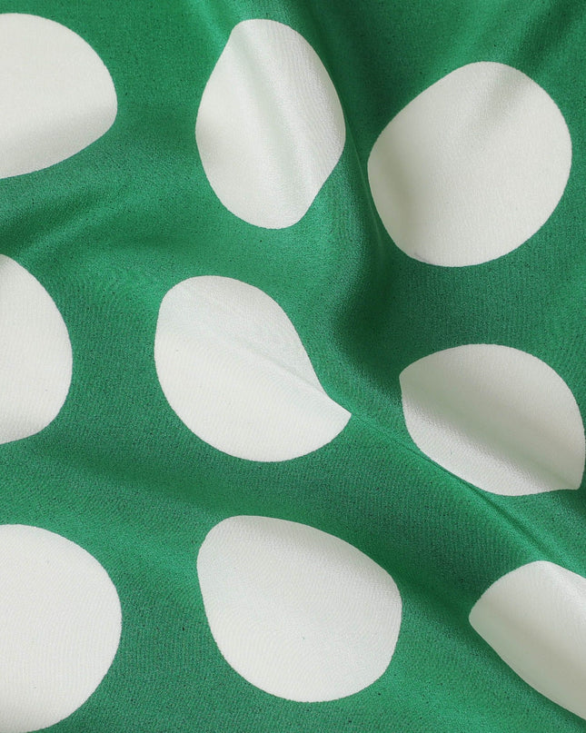 Green Premium pure silk crepe fabric with white print in dot design-D17208