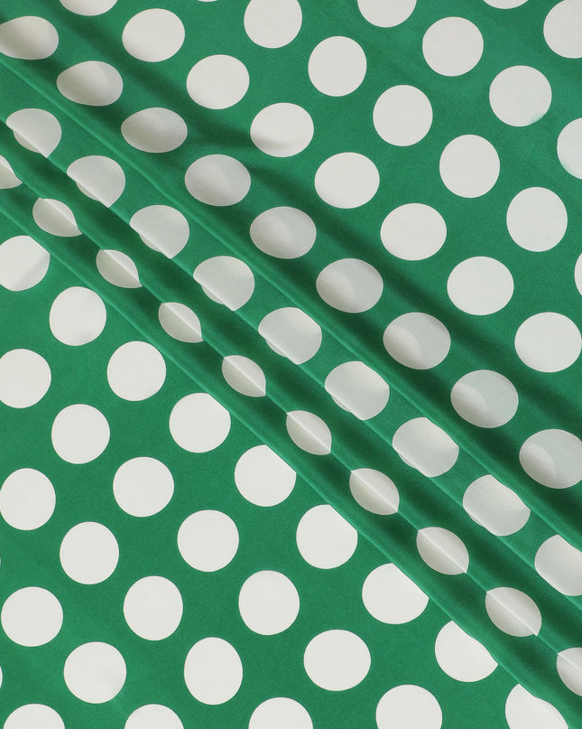 Green Premium pure silk crepe fabric with white print in dot design-D17208