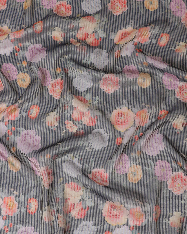 Dark navy blue blended viscose organza fabric with gold metallic stripe having multicolor print in floral design-D17471 Regal Fabrics