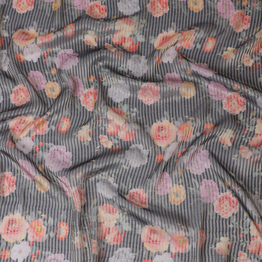 قماش أورجانزا فيسكوز مخلوط باللون الأزرق الداكن مع شريط معدني ذهبي بطباعة متعددة الألوان بتصميم الأزهار-D17471