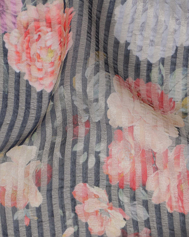 Dark navy blue blended viscose organza fabric with gold metallic stripe having multicolor print in floral design-D17471 Regal Fabrics