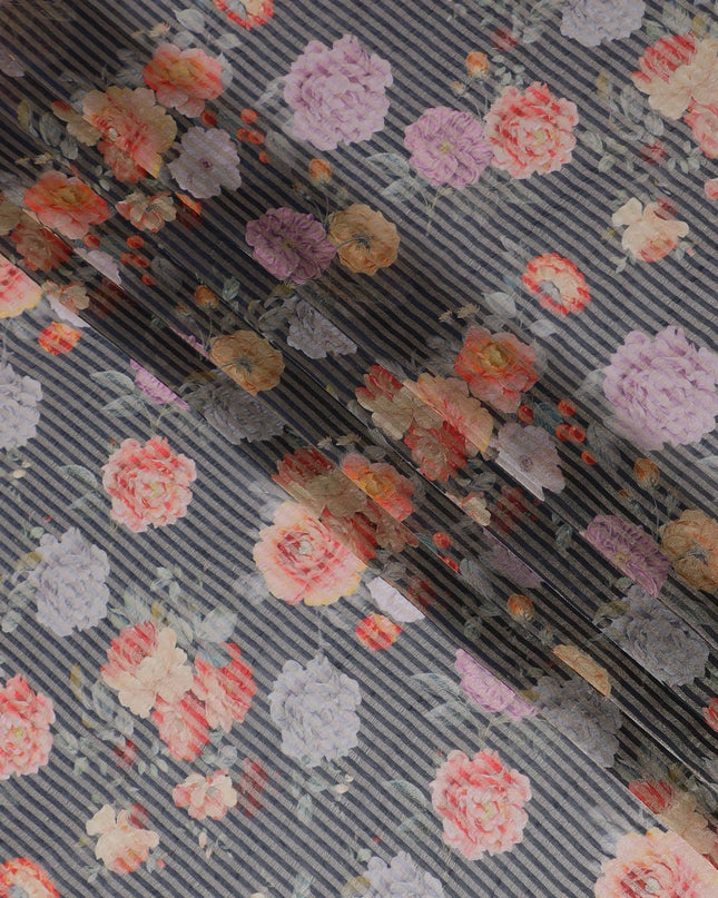 Dark navy blue blended viscose organza fabric with gold metallic stripe having multicolor print in floral design-D17471 Regal Fabrics