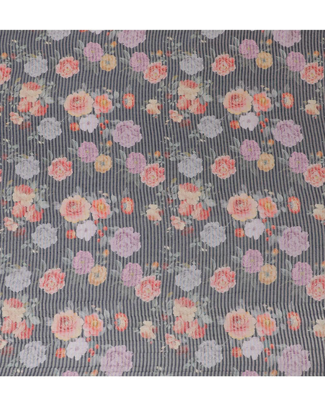 Dark navy blue blended viscose organza fabric with gold metallic stripe having multicolor print in floral design-D17471 Regal Fabrics