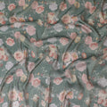 Forest green blended viscose organza fabric with gold metallic stripe having multicolor print in floral design-D17474 Regal Fabrics