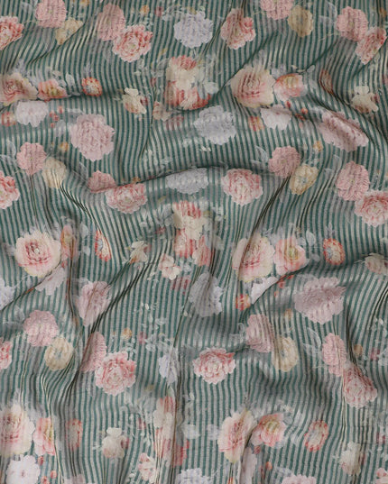 Forest green blended viscose organza fabric with gold metallic stripe having multicolor print in floral design-D17474 Regal Fabrics