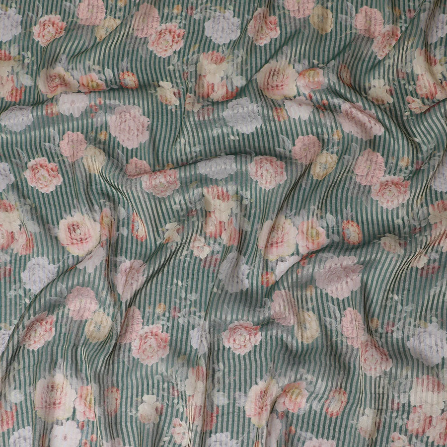 Forest green blended viscose organza fabric with gold metallic stripe having multicolor print in floral design-D17474 Regal Fabrics