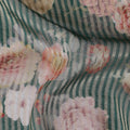 Forest green blended viscose organza fabric with gold metallic stripe having multicolor print in floral design-D17474 Regal Fabrics