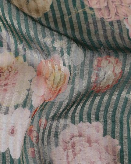 Forest green blended viscose organza fabric with gold metallic stripe having multicolor print in floral design-D17474 Regal Fabrics