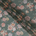 Forest green blended viscose organza fabric with gold metallic stripe having multicolor print in floral design-D17474 Regal Fabrics