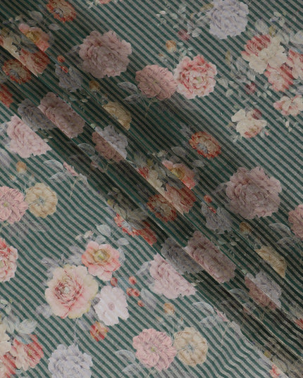 Forest green blended viscose organza fabric with gold metallic stripe having multicolor print in floral design-D17474 Regal Fabrics