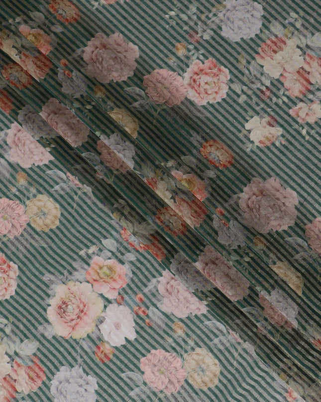 Forest green blended viscose organza fabric with gold metallic stripe having multicolor print in floral design-D17474 Regal Fabrics