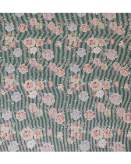 Forest green blended viscose organza fabric with gold metallic stripe having multicolor print in floral design-D17474 Regal Fabrics