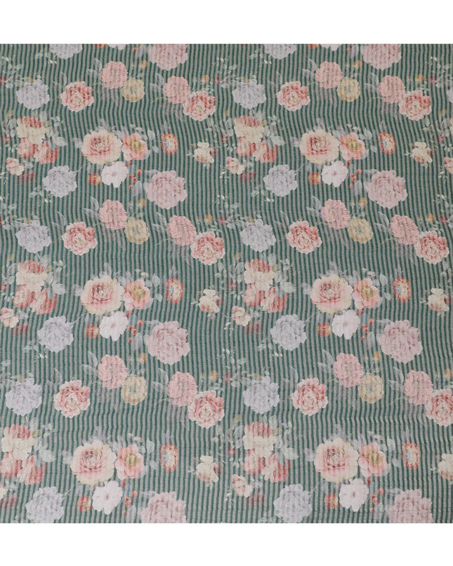 Forest green blended viscose organza fabric with gold metallic stripe having multicolor print in floral design-D17474 Regal Fabrics