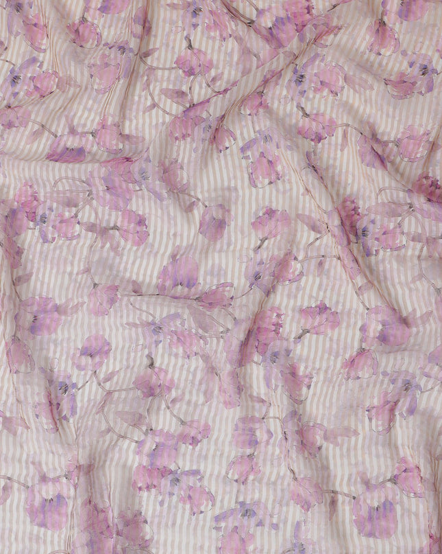 قماش أورجانزا فيسكوز مخلوط باللون الوردي الخزامي مع شريط معدني ذهبي بطباعة متعددة الألوان بتصميم الأزهار-D17478