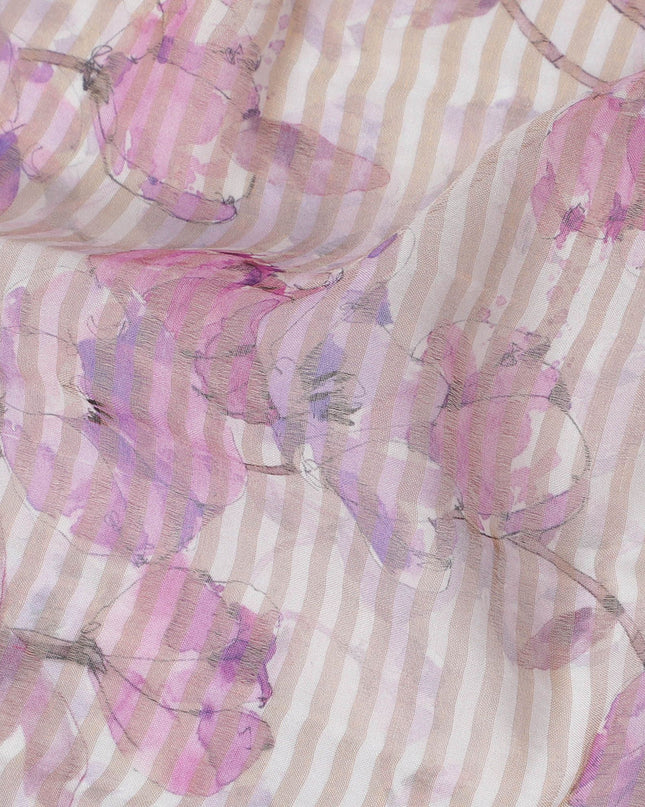 قماش أورجانزا فيسكوز مخلوط باللون الوردي الخزامي مع شريط معدني ذهبي بطباعة متعددة الألوان بتصميم الأزهار-D17478