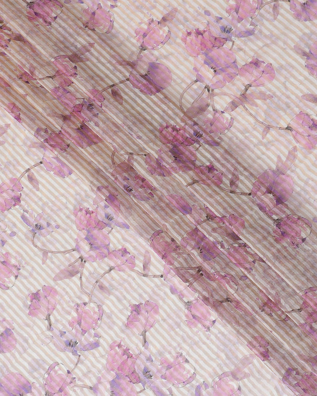 قماش أورجانزا فيسكوز مخلوط باللون الوردي الخزامي مع شريط معدني ذهبي بطباعة متعددة الألوان بتصميم الأزهار-D17478