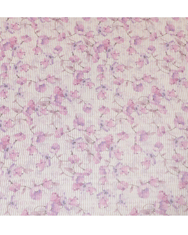 قماش أورجانزا فيسكوز مخلوط باللون الوردي الخزامي مع شريط معدني ذهبي بطباعة متعددة الألوان بتصميم الأزهار-D17478