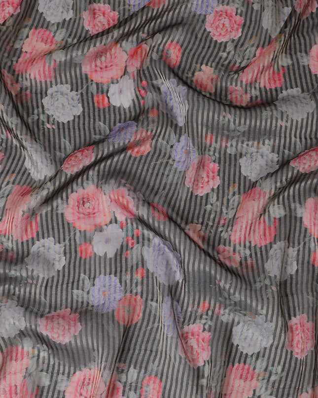 Black blended viscose organza fabric with gold metallic stripe having multicolor print in floral design-D17479