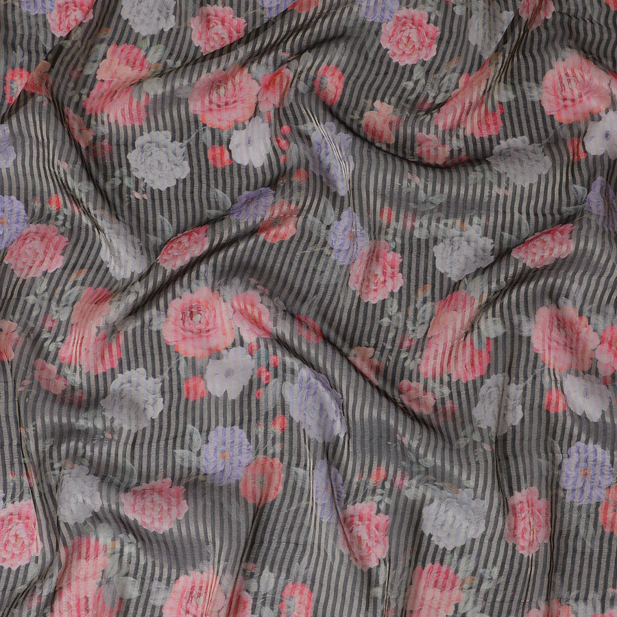 قماش الأورجانزا الفيسكوز الأسود المخلوط مع شريط معدني ذهبي بطباعة متعددة الألوان بتصميم الأزهار-D17479