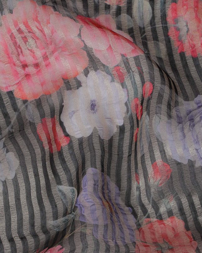 Black blended viscose organza fabric with gold metallic stripe having multicolor print in floral design-D17479