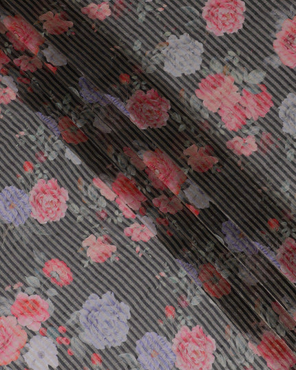 Black blended viscose organza fabric with gold metallic stripe having multicolor print in floral design-D17479