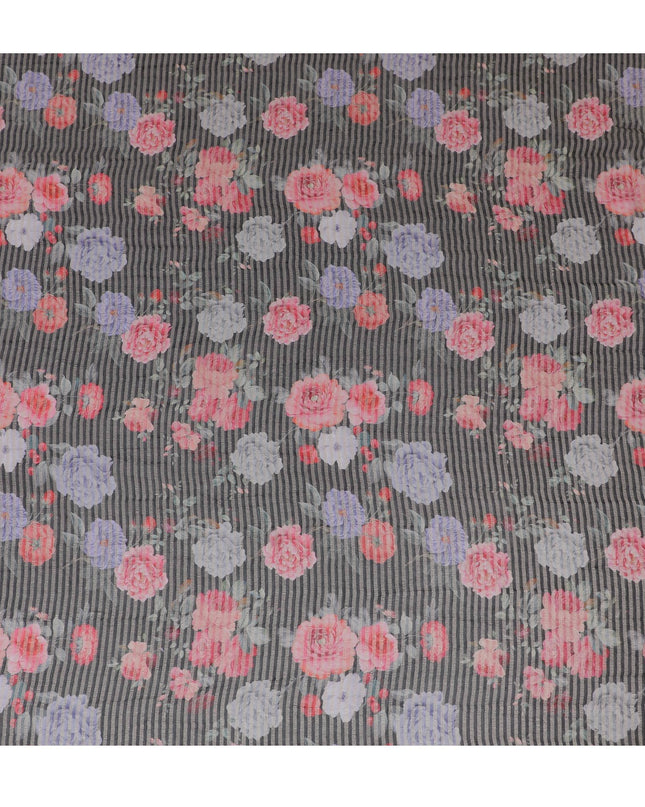 Black blended viscose organza fabric with gold metallic stripe having multicolor print in floral design-D17479