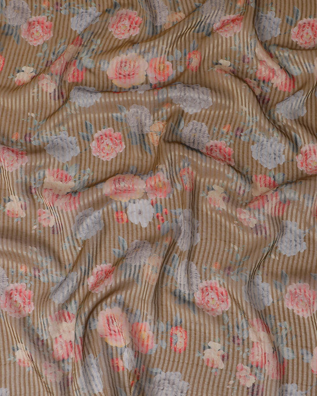 قماش الأورجانزا الفيسكوز المخلوط باللون البني مع شريط معدني ذهبي بطباعة متعددة الألوان بتصميم الأزهار-D17480