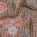 Brown blended viscose organza fabric with gold metallic stripe having multicolor print in floral design-D17480