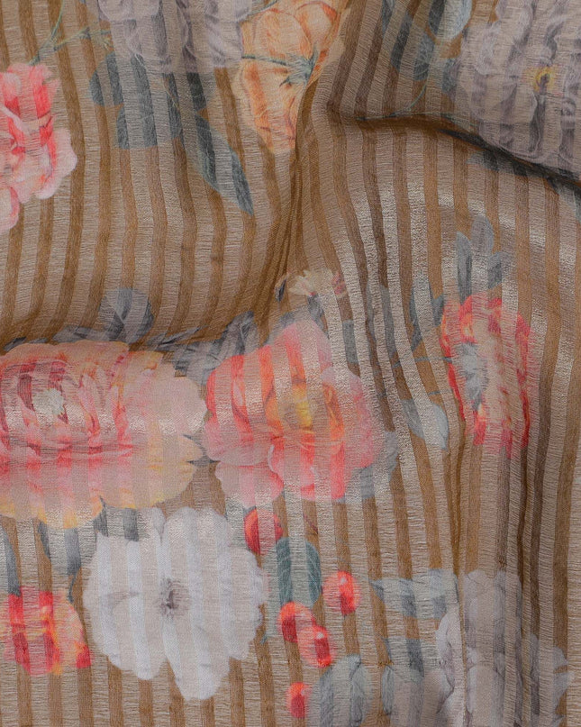 قماش الأورجانزا الفيسكوز المخلوط باللون البني مع شريط معدني ذهبي بطباعة متعددة الألوان بتصميم الأزهار-D17480