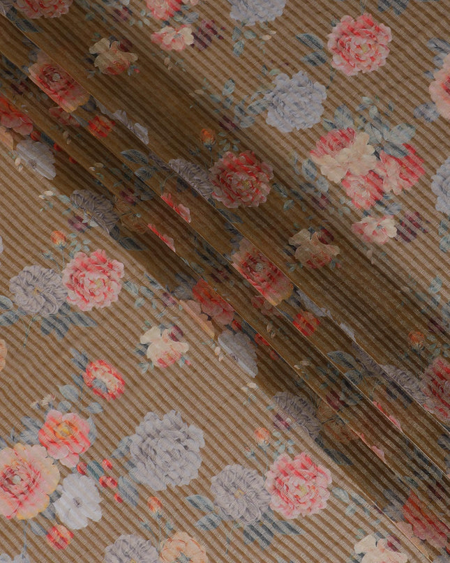 قماش الأورجانزا الفيسكوز المخلوط باللون البني مع شريط معدني ذهبي بطباعة متعددة الألوان بتصميم الأزهار-D17480