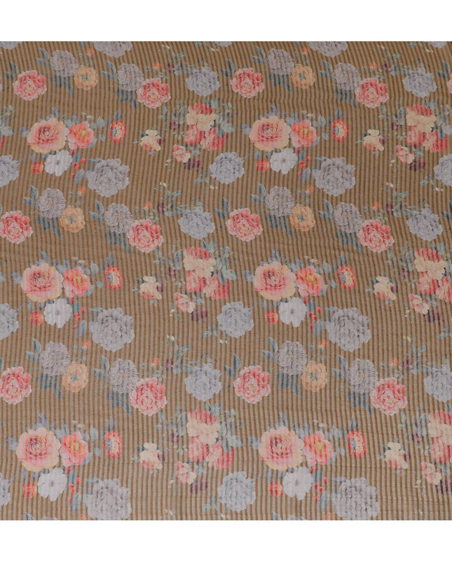 قماش الأورجانزا الفيسكوز المخلوط باللون البني مع شريط معدني ذهبي بطباعة متعددة الألوان بتصميم الأزهار-D17480