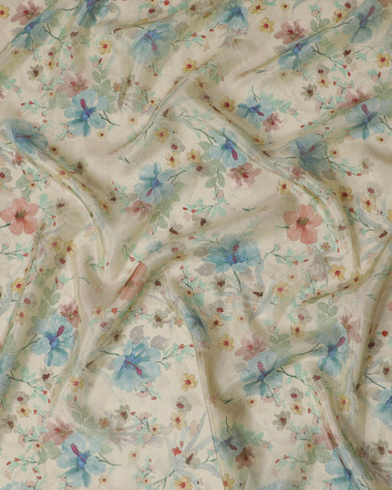 قماش أورجانزا فسكوز مخلوط باللون البيج الفاتح مع طباعة متعددة الألوان ذات تشطيب معدني بتصميم الأزهار-D17483