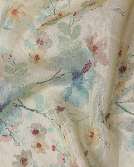 قماش أورجانزا فسكوز مخلوط باللون البيج الفاتح مع طباعة متعددة الألوان ذات تشطيب معدني بتصميم الأزهار-D17483