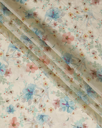 قماش أورجانزا فسكوز مخلوط باللون البيج الفاتح مع طباعة متعددة الألوان ذات تشطيب معدني بتصميم الأزهار-D17483