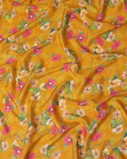 Mustard yellow blended viscose organza fabric with multicolor print having metallic finish in floral design-D17489 Regal Fabrics