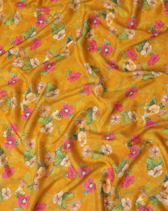 Mustard yellow blended viscose organza fabric with multicolor print having metallic finish in floral design-D17489 Regal Fabrics