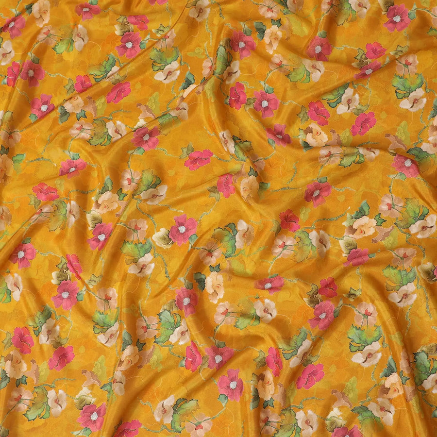 Mustard yellow blended viscose organza fabric with multicolor print having metallic finish in floral design-D17489 Regal Fabrics