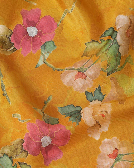 Mustard yellow blended viscose organza fabric with multicolor print having metallic finish in floral design-D17489 Regal Fabrics