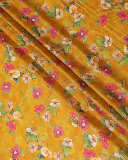 Mustard yellow blended viscose organza fabric with multicolor print having metallic finish in floral design-D17489 Regal Fabrics