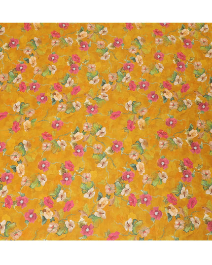 Mustard yellow blended viscose organza fabric with multicolor print having metallic finish in floral design-D17489 Regal Fabrics