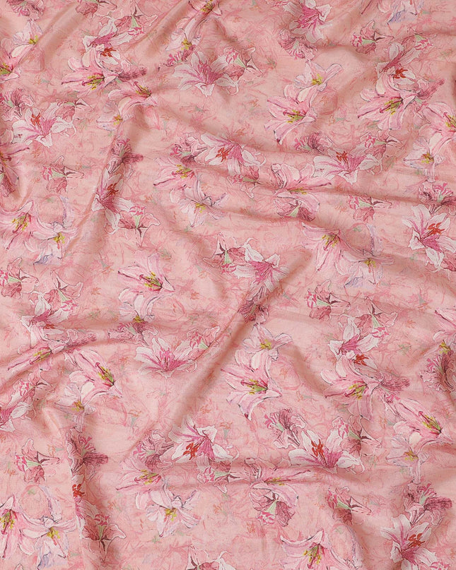Light pink blended viscose organza fabric with multicolor print having metallic finish in floral design-D17493
