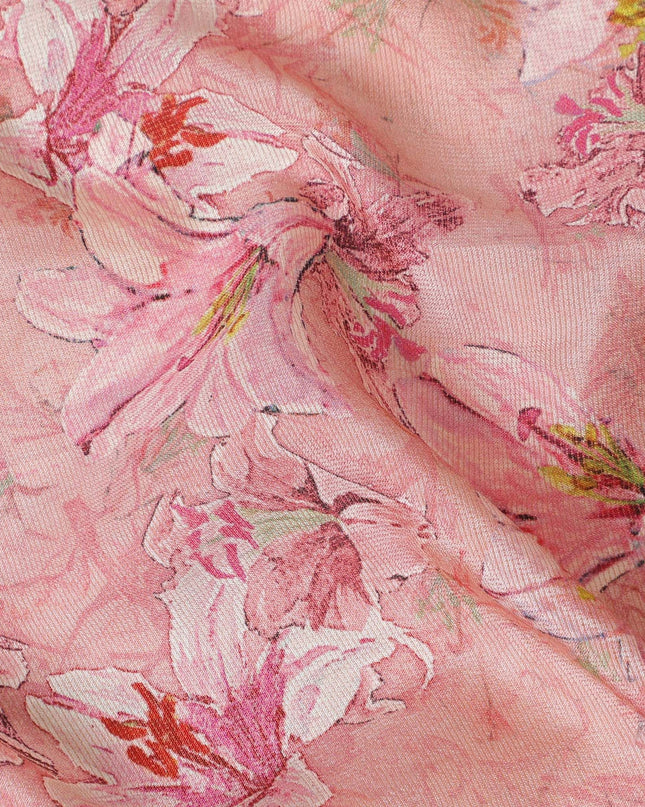 Light pink blended viscose organza fabric with multicolor print having metallic finish in floral design-D17493